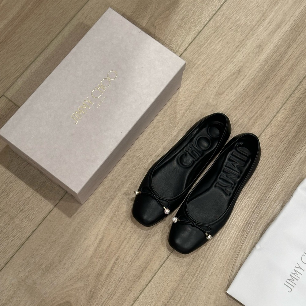 Jimmy Choo Black Nappa Leather Elme Minimalist Ballet Flats US 8 Euro 39